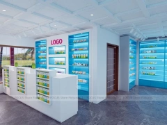 Aqua Blue Pharmacy Shelving and White Service Counter
