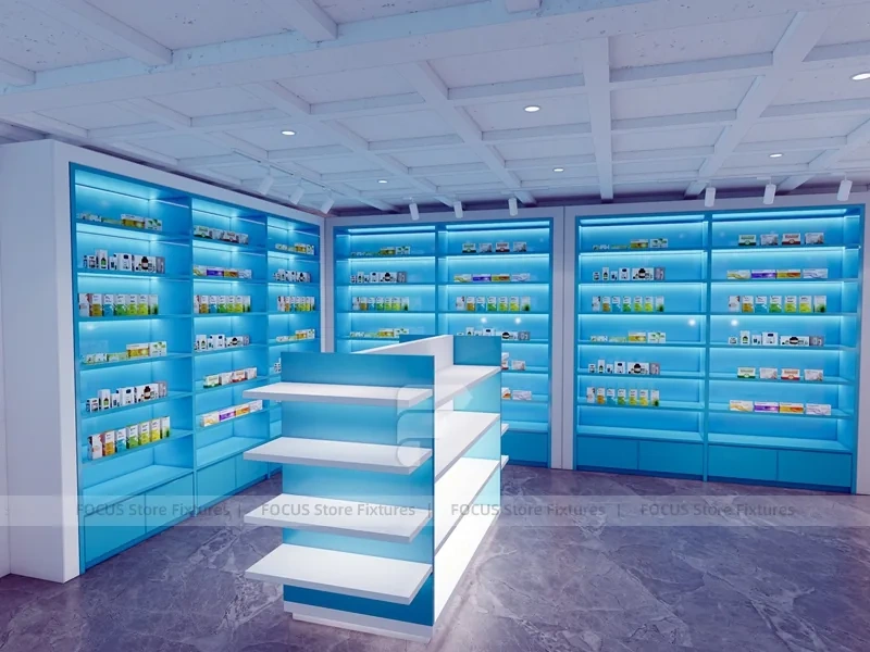 Aqua Blue Pharmacy Shelving and White Service Counter