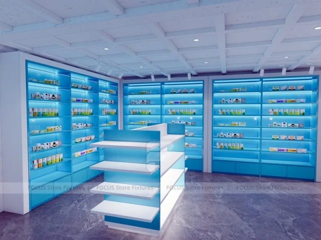 Aqua Blue Pharmacy Shelving and White Service Counter
