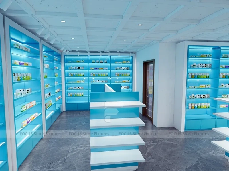 Aqua Blue Pharmacy Shelving and White Service Counter