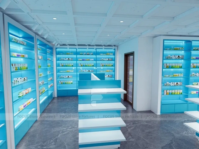 Aqua Blue Pharmacy Shelving and White Service Counter