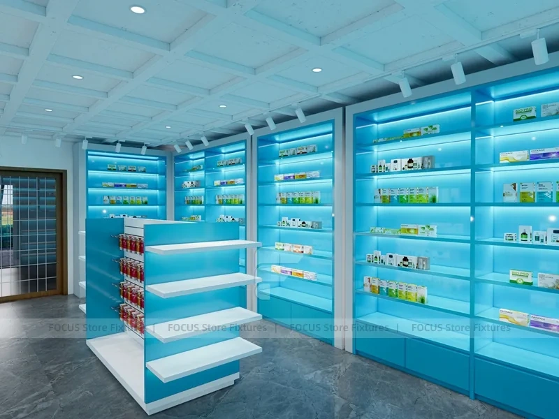 Aqua Blue Pharmacy Shelving and White Service Counter