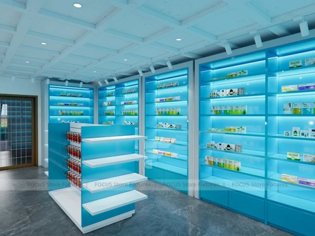 Aqua Blue Pharmacy Shelving and White Service Counter