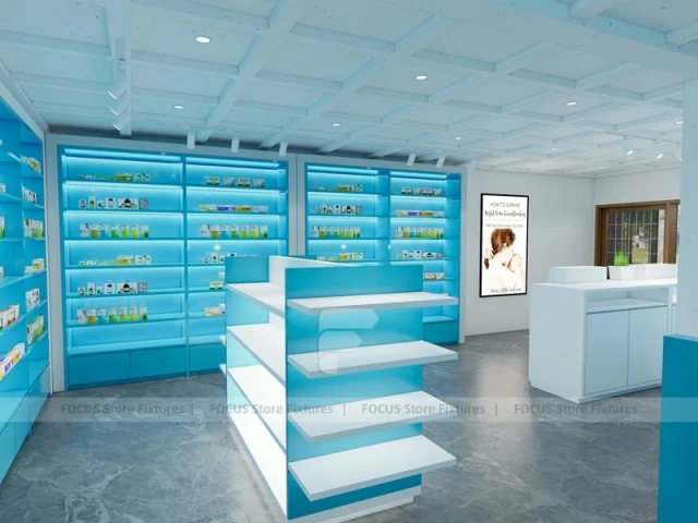 Aqua Blue Pharmacy Shelving and White Service Counter