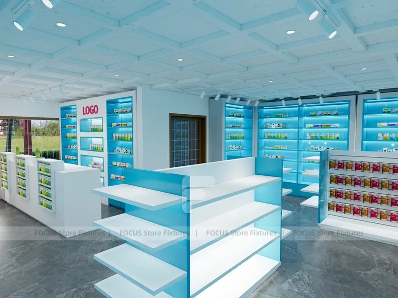 Aqua Blue Pharmacy Shelving and White Service Counter