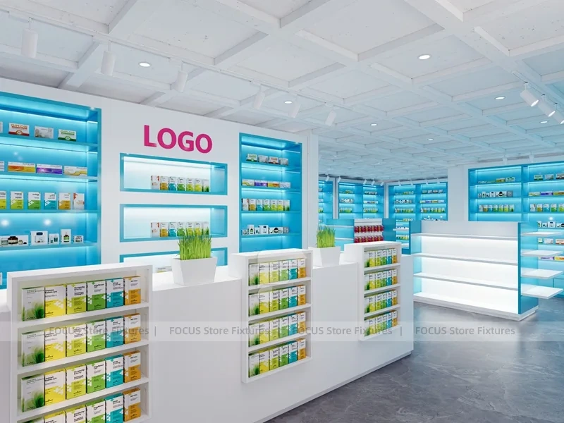 Aqua Blue Pharmacy Shelving and White Service Counter