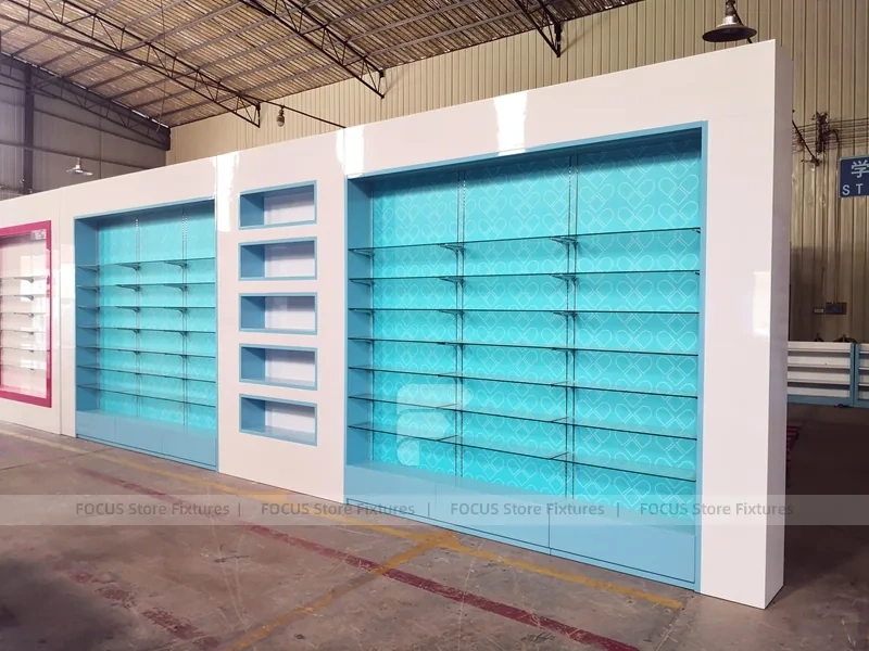 Aqua Pink Pharmacy Wall Shelving Fixture Set