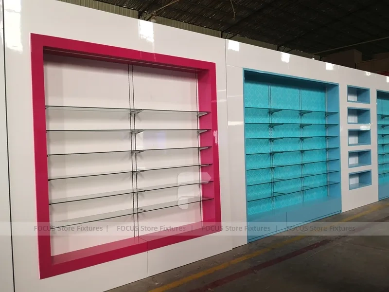 Aqua Pink Pharmacy Wall Shelving Fixture Set