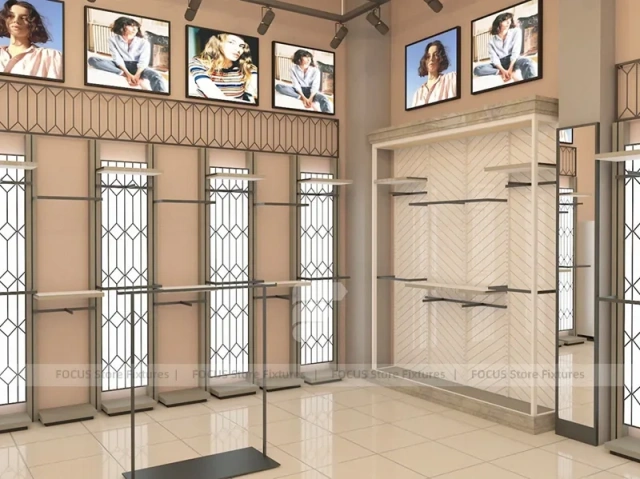 Beige Apparel Wall Display with Lightbox Panels