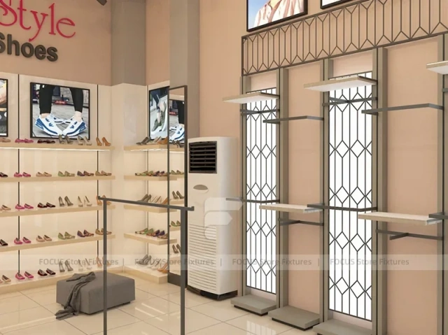 Beige Apparel Wall Display with Lightbox Panels