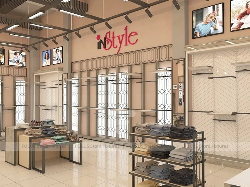 Beige Apparel Wall Display with Lightbox Panels