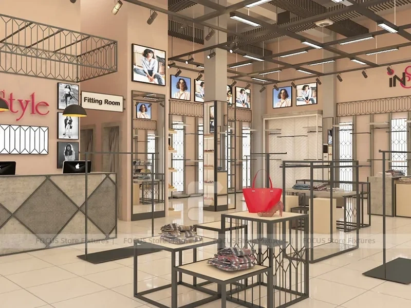 Beige Apparel Wall Display with Lightbox Panels