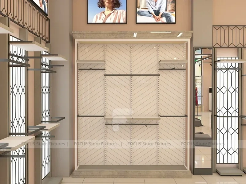 Beige Apparel Wall Display with Lightbox Panels