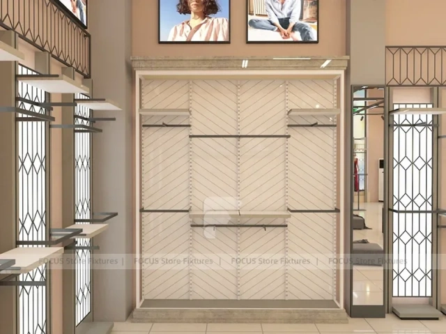 Beige Apparel Wall Display with Lightbox Panels