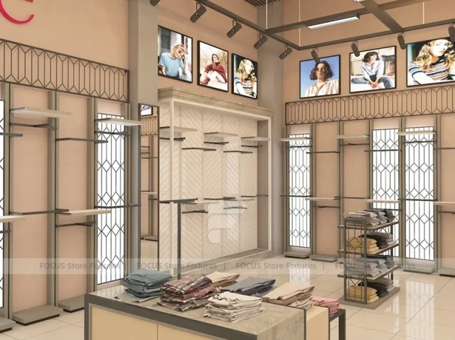 Beige Apparel Wall Display with Lightbox Panels