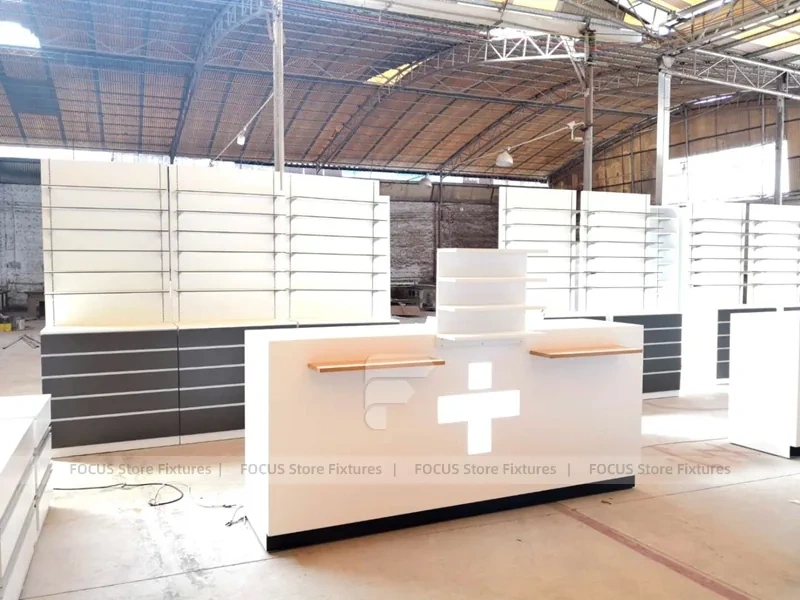 Beige Pharmacy Service Counter and Wall Shelf Fixture Set