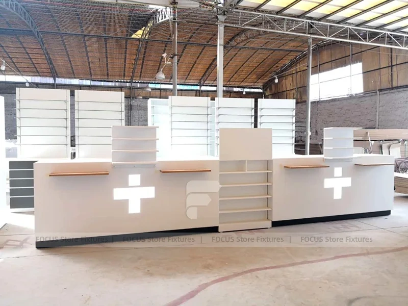 Beige Pharmacy Service Counter and Wall Shelf Fixture Set