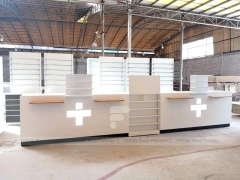 Beige Pharmacy Service Counter and Wall Shelf Fixture Set