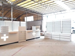 Beige Pharmacy Service Counter and Wall Shelf Fixture Set