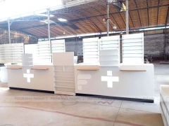 Beige Pharmacy Service Counter and Wall Shelf Fixture Set