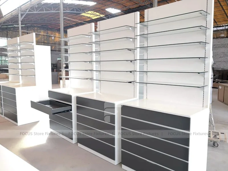 Beige Pharmacy Service Counter and Wall Shelf Fixture Set