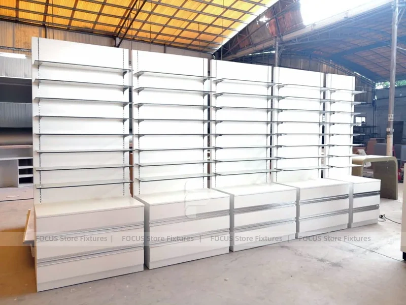 Beige Pharmacy Service Counter and Wall Shelf Fixture Set