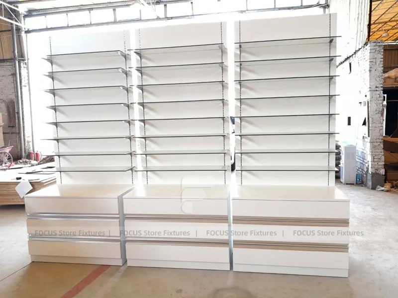 Beige Pharmacy Service Counter and Wall Shelf Fixture Set