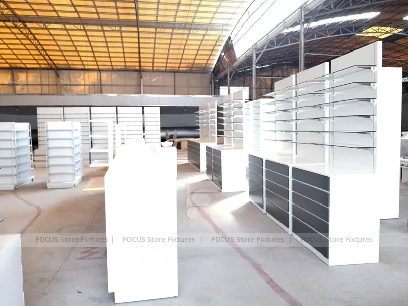 Beige Pharmacy Service Counter and Wall Shelf Fixture Set