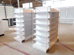 Beige Pharmacy Service Counter and Wall Shelf Fixture Set