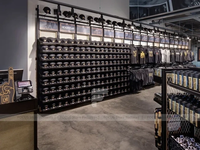 Black Cap Wall Rack Display with Checkout Sign