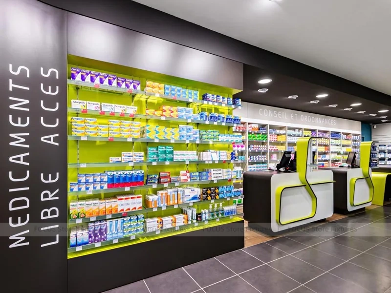 Black Green Medicine Counter Pharmacy Shelving Design