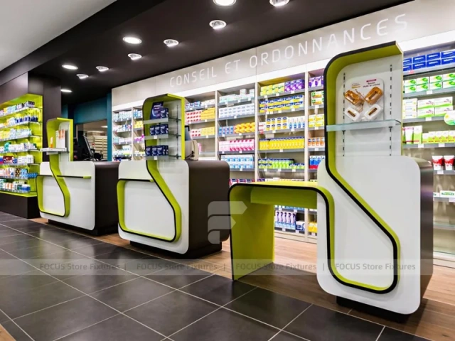 Black Green Medicine Counter Pharmacy Shelving Design