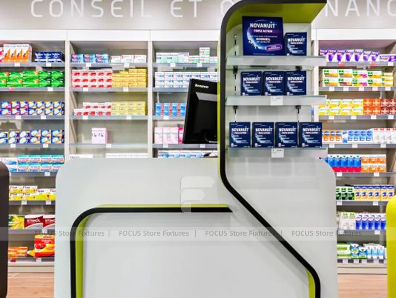 Black Green Medicine Counter Pharmacy Shelving Design