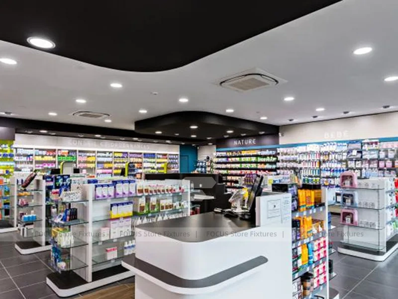 Black Green Medicine Counter Pharmacy Shelving Design
