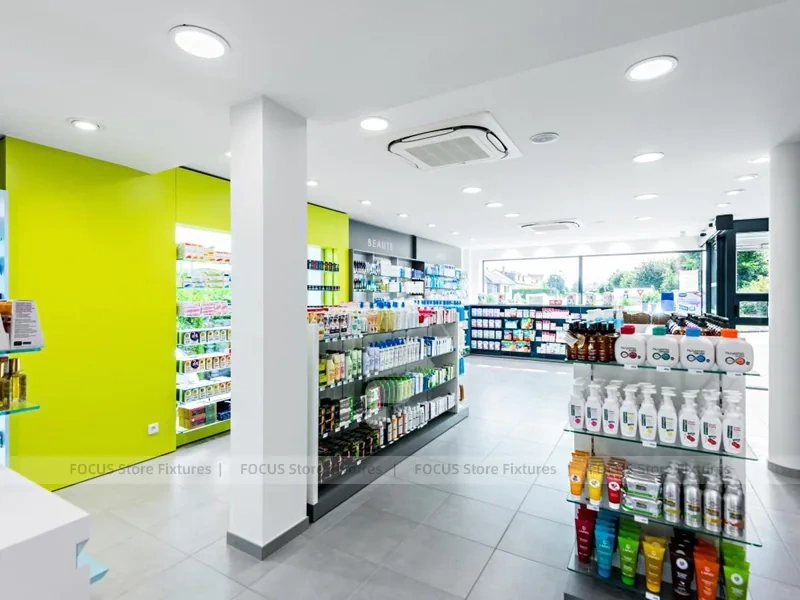 Black Green Medicine Counter Pharmacy Shelving Design