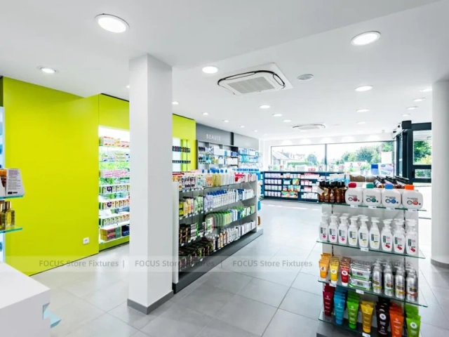 Black Green Medicine Counter Pharmacy Shelving Design