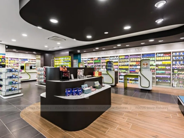 Black Green Medicine Counter Pharmacy Shelving Design