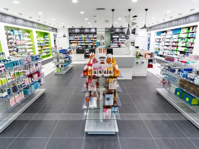 Black White Pharmacy Checkout Counter with Pendant Lights