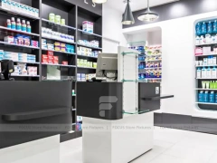 Black White Pharmacy Checkout Counter with Pendant Lights