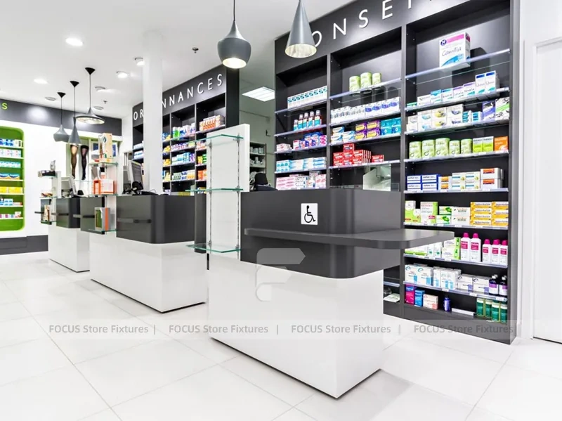 Black White Pharmacy Checkout Counter with Pendant Lights