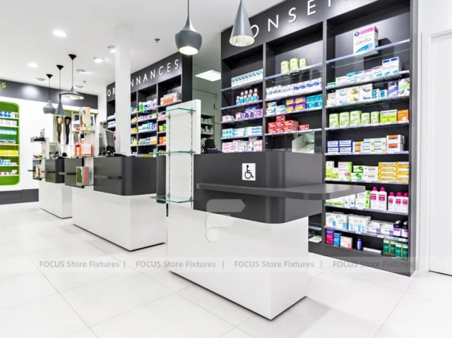 Black White Pharmacy Checkout Counter with Pendant Lights