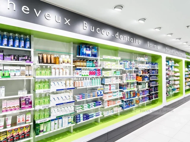 Black White Pharmacy Checkout Counter with Pendant Lights