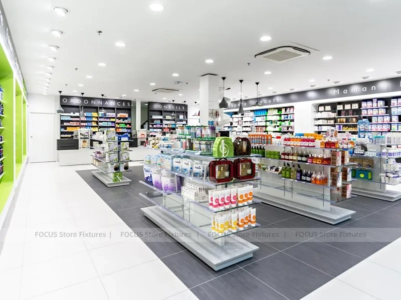 Black White Pharmacy Checkout Counter with Pendant Lights