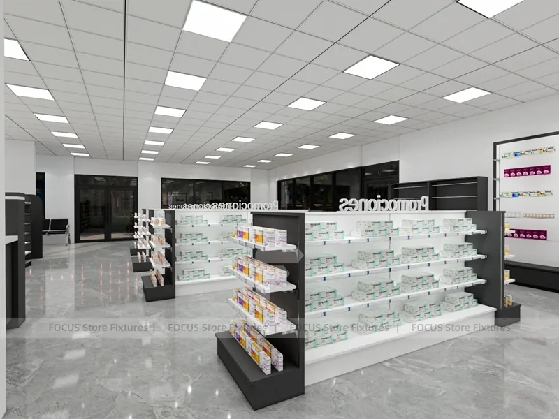 Black White Pharmacy Retail Shelving and Island Gondola