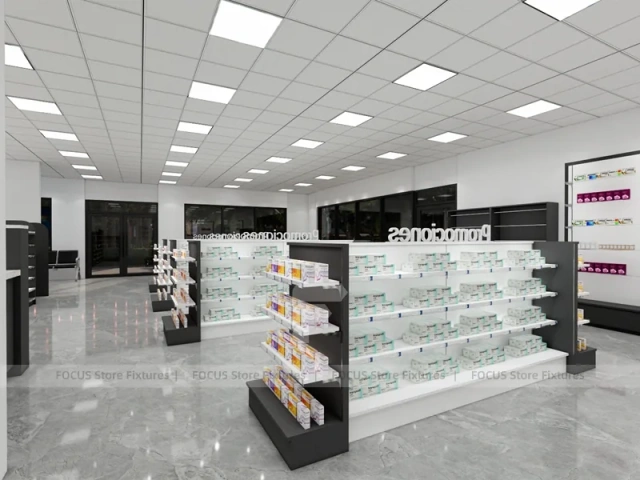 Black White Pharmacy Retail Shelving and Island Gondola