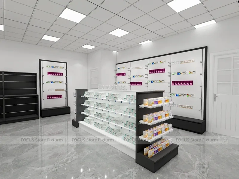 Black White Pharmacy Retail Shelving and Island Gondola