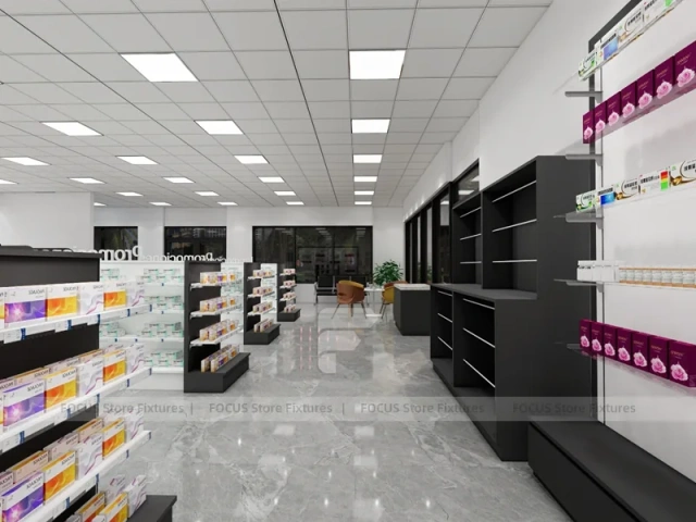 Black White Pharmacy Retail Shelving and Island Gondola