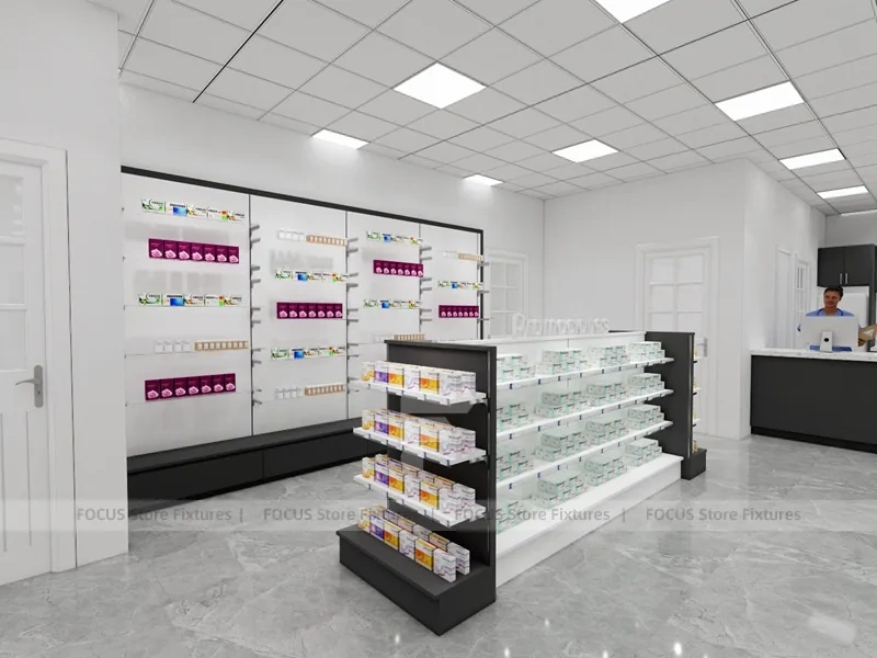 Black White Pharmacy Retail Shelving and Island Gondola