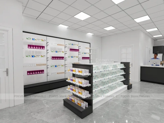Black White Pharmacy Retail Shelving and Island Gondola