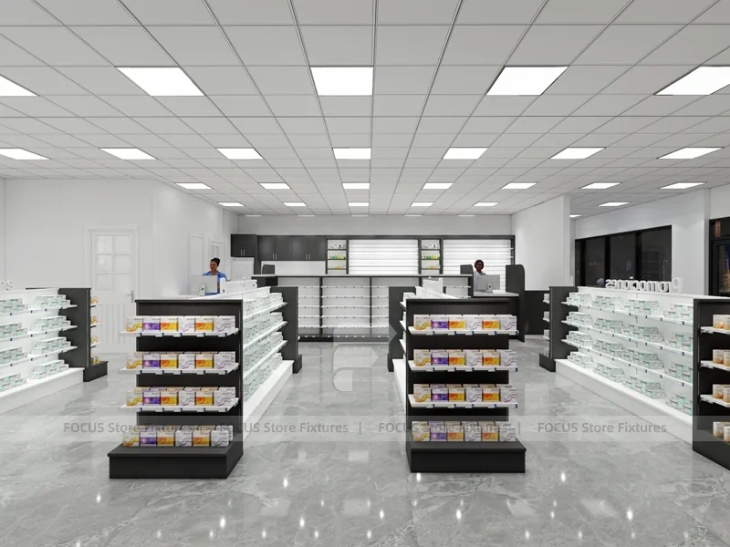 Black White Pharmacy Retail Shelving and Island Gondola